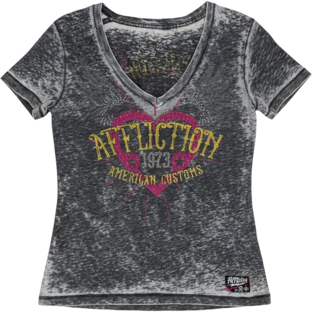 Affliction V-Neck T-Shirt Womens Large Grey Burnout Rhinestone Graphic Tee
